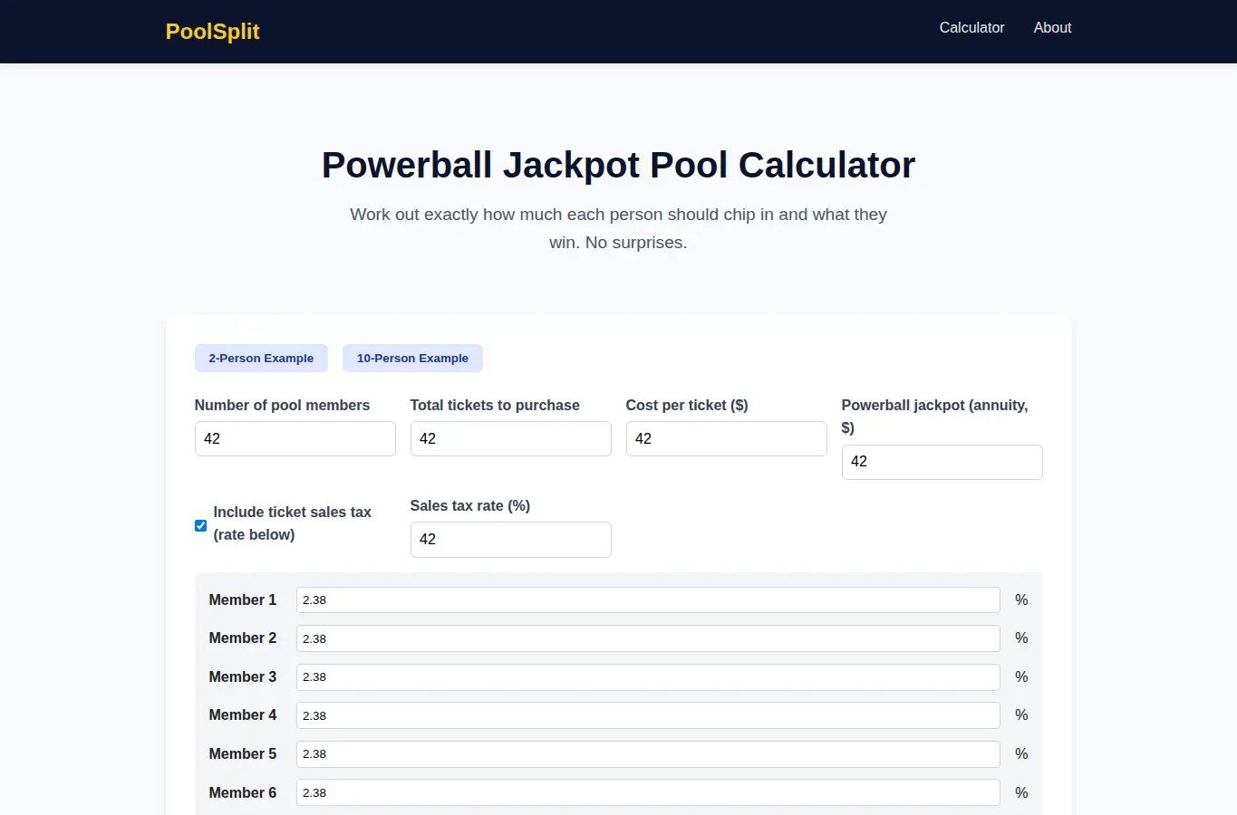Screenshot of Powerball Jackpot Pool Calculator interface showing the project page in use
